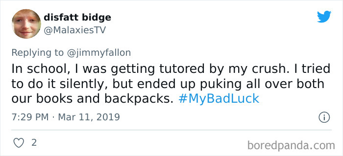 Tweet showing a funny bad luck moment shared by a user about puking on books and backpacks during tutoring.