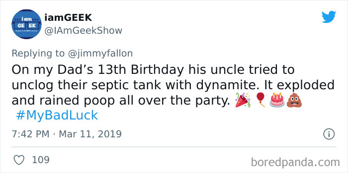 Tweet about a bad luck moment involving a septic tank explosion shared during Jimmy Fallon's #BadLuck moments series.