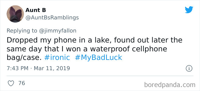 Tweet showing a user sharing an ironic #BadLuck moment involving dropping a phone in a lake and winning a waterproof case.