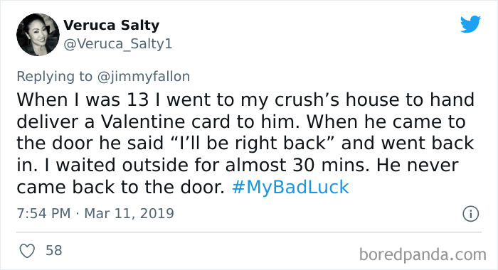 Tweet from a user sharing a personal bad luck moment about waiting outside a crush’s house, related to bad luck stories.