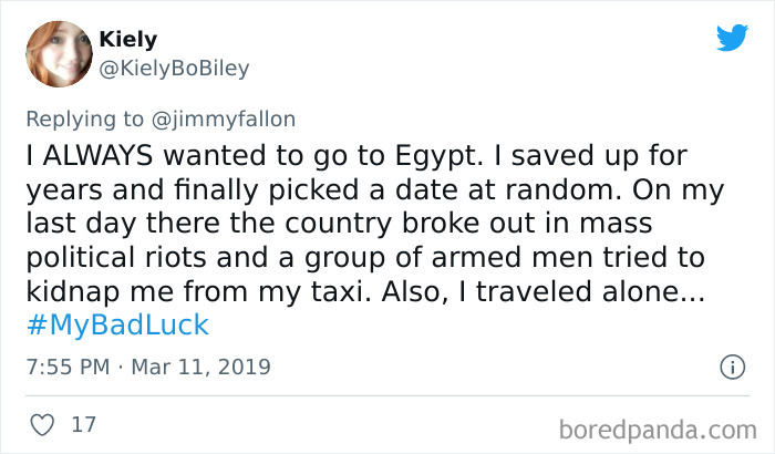 Tweet from Kiely sharing a bad luck moment about travel dangers, tagged with #MyBadLuck for funny bad luck stories.