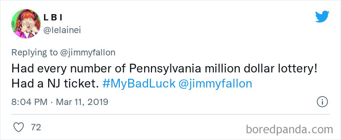 Tweet screenshot showing a user's bad luck moment sharing their failed lottery ticket as part of Jimmy Fallon's bad luck moments.