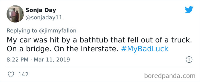 Tweet from Sonja Day sharing a bad luck moment about her car being hit by a falling bathtub on the interstate.