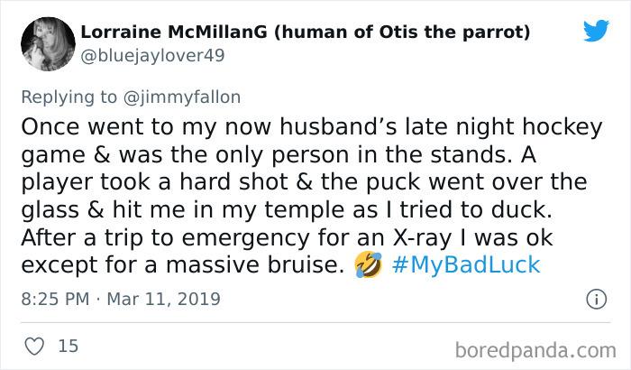 Tweet showing a funny #BadLuck moment shared in response to Jimmy Fallon about being hit by a hockey puck at a game.