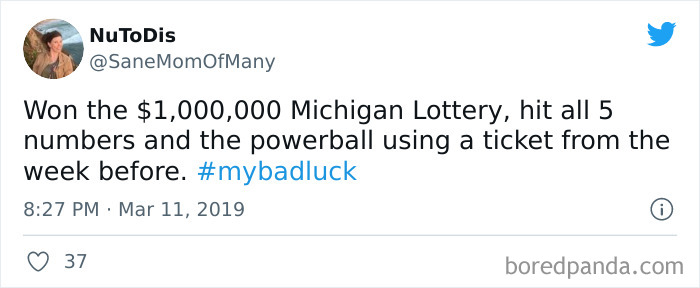 Tweet showing a person describing their funny bad luck moment winning the Michigan Lottery but missing out the next week.