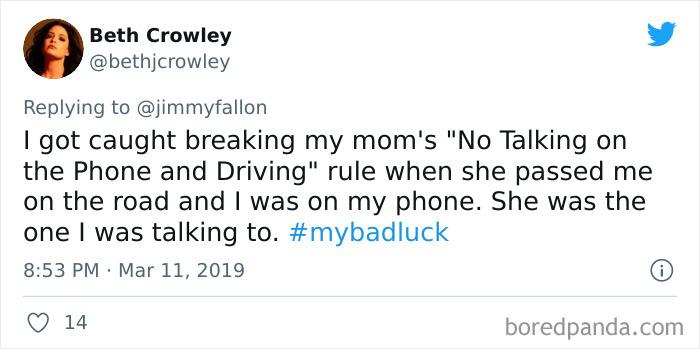 Twitter post showing a humorous bad luck moment shared in response to Jimmy Fallon's #BadLuck hashtag.