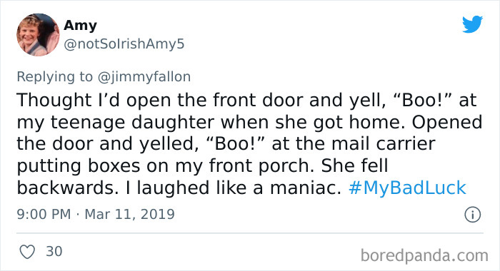 Tweet screenshot showing a funny bad luck moment shared in response to Jimmy Fallon’s #BadLuck Twitter prompt.