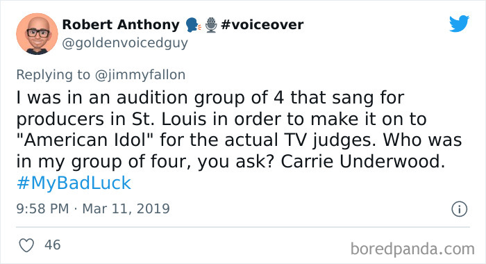 Tweet screenshot sharing a personal story about a bad luck moment during an American Idol audition, related to Jimmy Fallon.