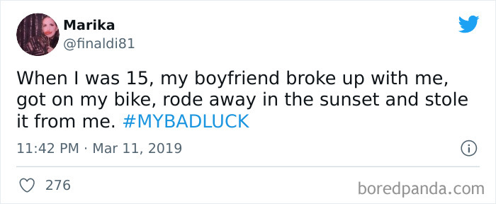 Tweet by Marika sharing a funny bad luck moment about a stolen bike after a breakup, with hashtag MYBADLUCK.