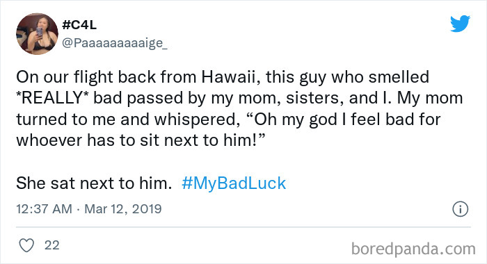 Tweet showing a funny bad luck moment shared by a user involving an unlucky airplane seat neighbor.