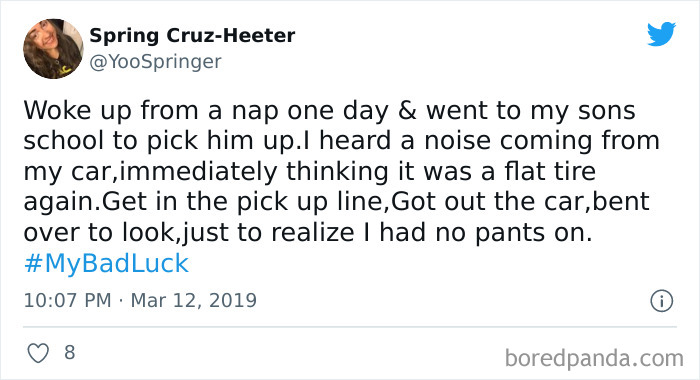 Tweet about a funny bad luck moment where the person realized they forgot to wear pants at school pickup, shared online.