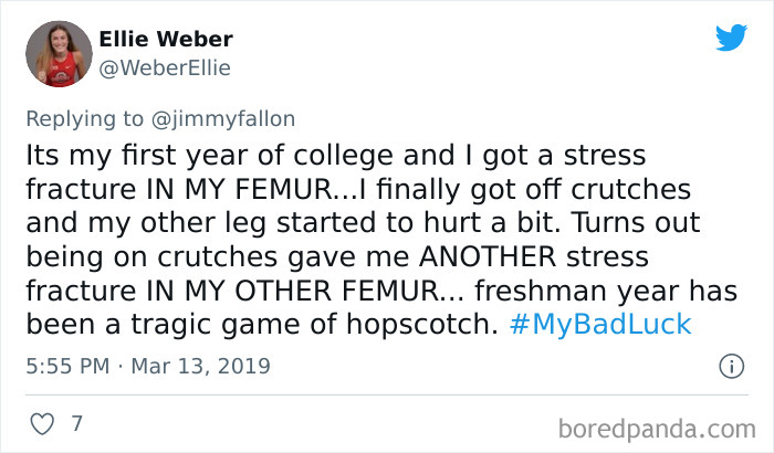 Tweet from Ellie Weber sharing a bad luck moment about stress fractures in both femurs during her college freshman year.