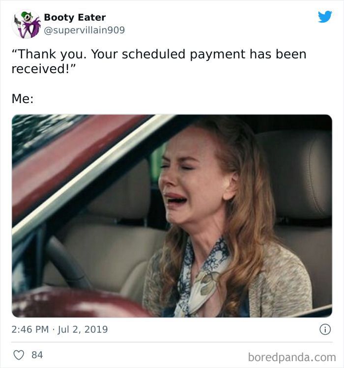 Woman crying in a car with a funny meme caption about scheduled payment; humorous adult meme scene.