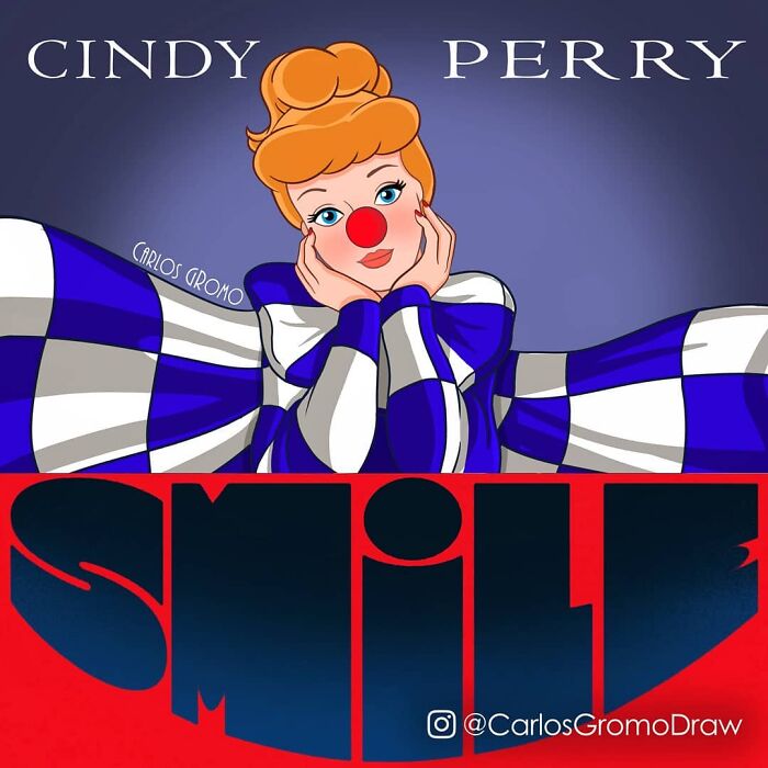 Disney character reimagined as a pop culture icon with classical painting style and a red clown nose in vibrant colors.
