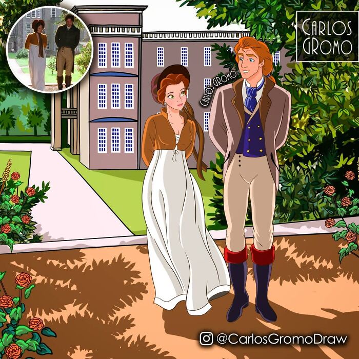 Disney characters reimagined as famous classical paintings, featuring a couple in period clothing in a garden setting.