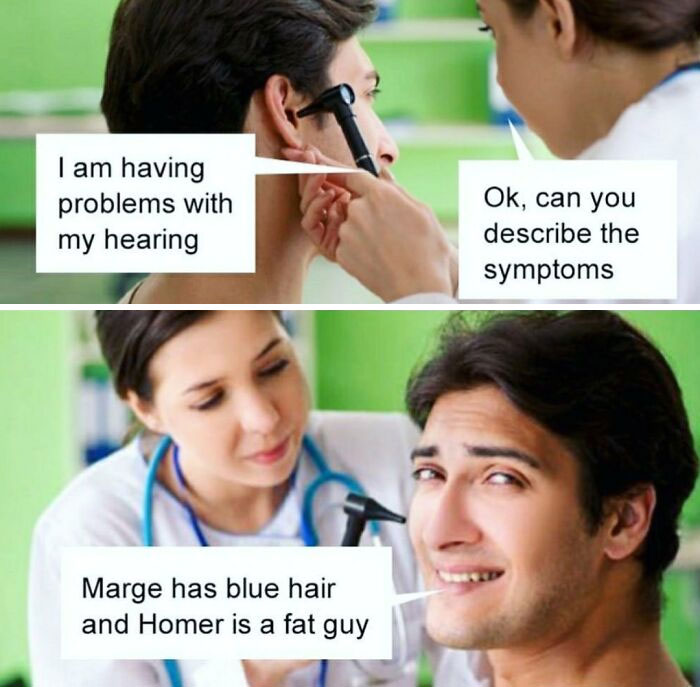 Doctor examines patient with humorous misunderstanding about hearing "The Simpsons," showcasing dad jokes on stock photos.