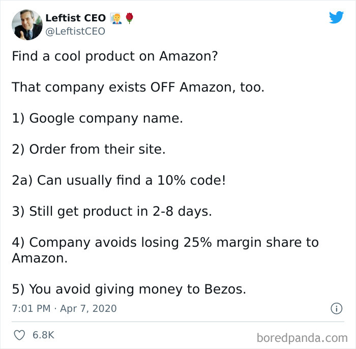 Tweet explaining tips for anti-consumption by ordering directly from companies to avoid Amazon and save money.