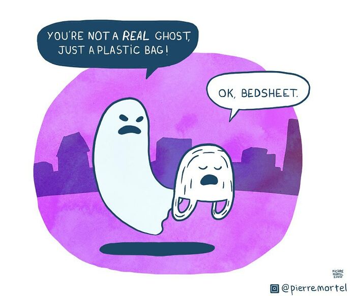 Comic panel from a city imagined shows a ghost mistaking a plastic bag for a real ghost in a humorous scene.
