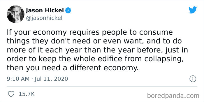 Tweet by Jason Hickel discussing economy and overconsumption, illustrating insightful and funny takes on anti-consumption.