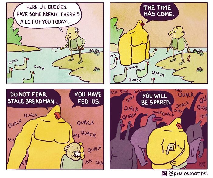 Comic panels showing a man feeding ducks, a giant duck declaring a time has come in a city imagined.