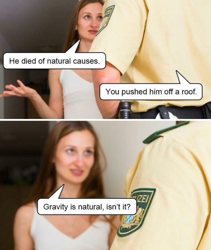 Cringy stock photo with a dad joke about natural causes and gravity, featuring a woman and a police officer.