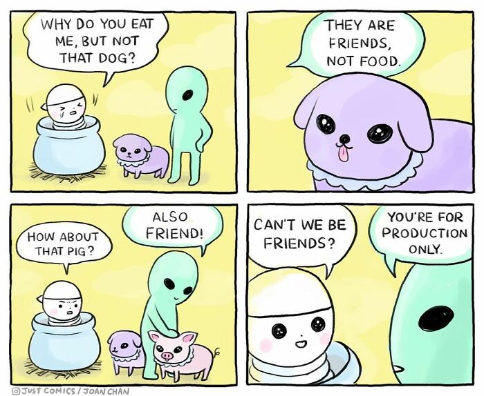 Comic panels depicting a conversation about animal a***e and factory farming highlighting animals seen as friends versus food.