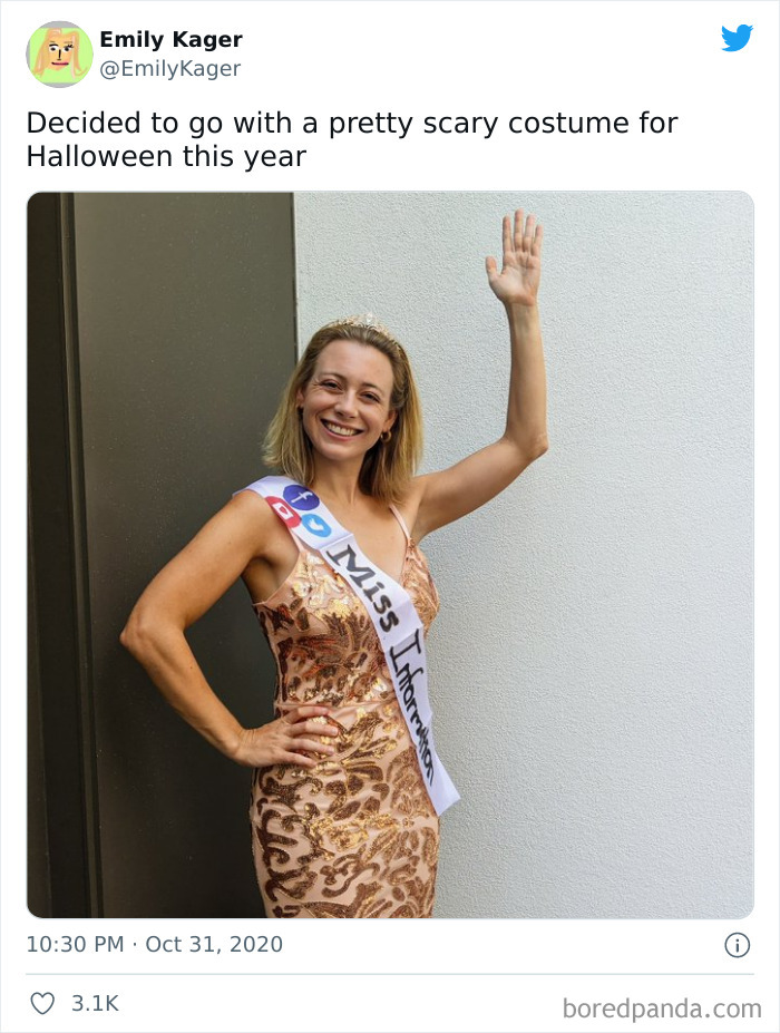 Woman in a shiny dress wearing a Miss Information sash and tiara as a simple Halloween costume idea.