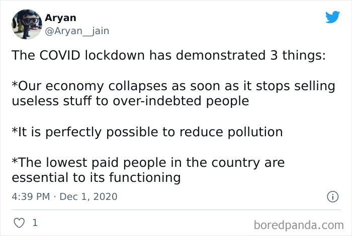 Tweet highlighting insights on economy collapse, pollution reduction, and essential workers during COVID lockdown, reflecting anti-consumption views.