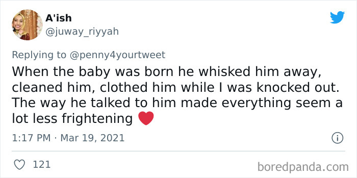 Tweet from a woman describing how men helped during pregnancy by caring for their newborn and providing emotional support.