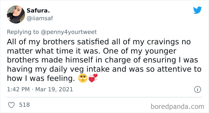 Tweet from a woman sharing how her brothers helped her during pregnancy by satisfying cravings and tracking her daily veg intake.