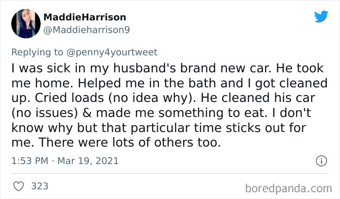 Tweet showing a woman sharing how her husband helped her during pregnancy by caring for her and cleaning his car.