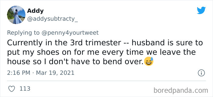 Tweet showing a woman sharing how her husband helps her during pregnancy by putting on her shoes in the third trimester.