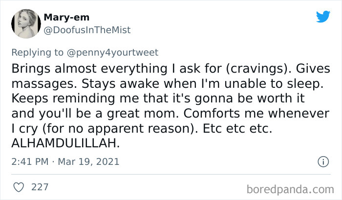 Tweet from a woman listing how men helped her during pregnancy with massages, support, and comfort through cravings and sleeplessness.