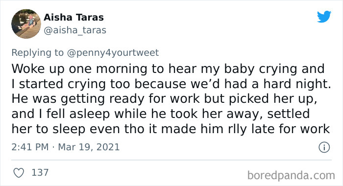 Tweet showing a woman sharing how a man helped during pregnancy by comforting their crying baby late at night.