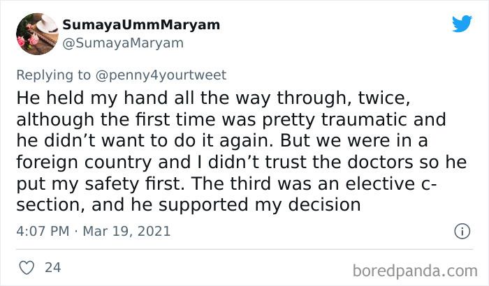 Tweet showing a woman sharing how men supported her during pregnancy, highlighting emotional and physical care moments.