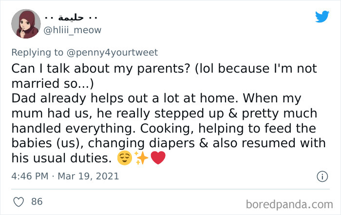 Tweet showing a woman sharing how men helped during pregnancy by supporting household and childcare duties.