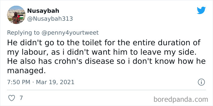 Tweet showing a woman sharing how men helped her during pregnancy by staying by her side throughout labor.