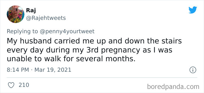 Tweet showing a woman sharing how men helped her during pregnancy by carrying her up and down stairs.