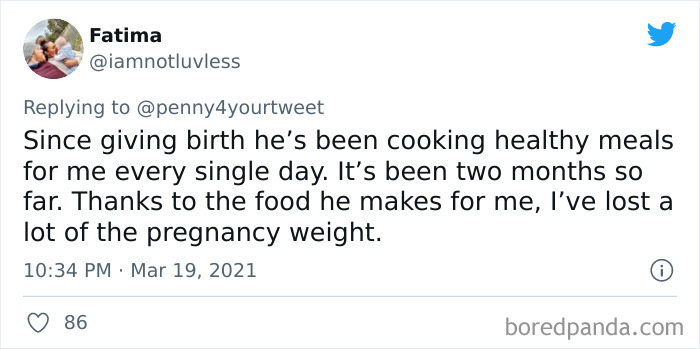 Tweet showing a woman sharing how men helped her during pregnancy by cooking healthy meals after birth.
