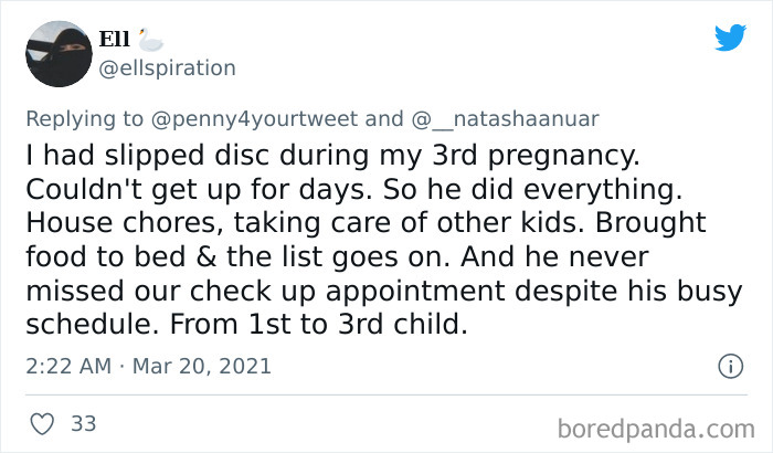 Tweet showing a woman sharing how men helped her during pregnancy by doing chores and attending appointments.