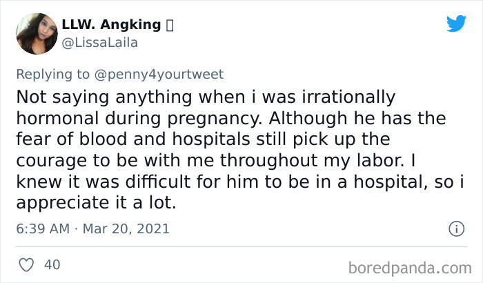 Tweet showing a woman sharing how men helped during pregnancy by supporting her through labor despite fears.