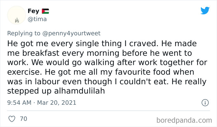 Tweet showing a woman sharing how men helped her during pregnancy by supporting her daily needs and exercise routines.