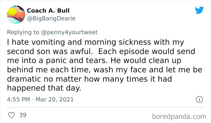 Tweet showing a woman sharing how men helped her during pregnancy by supporting through morning sickness and emotional moments.