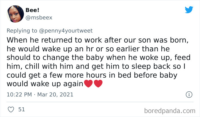 Tweet showing a woman describing how men helped during pregnancy by caring for the baby to allow more rest.