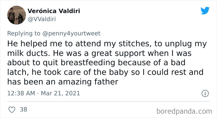 Tweet showing a woman describing how men helped during their pregnancy by supporting breastfeeding and baby care.