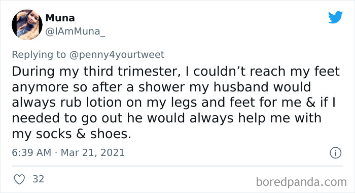 Tweet from a woman sharing how her husband helped her during pregnancy by applying lotion and assisting with socks and shoes.