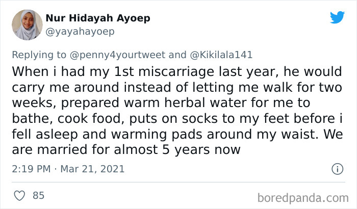 Tweet text showing a woman sharing how men helped her during pregnancy with care and support after miscarriage.