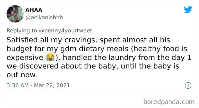 Tweet showing a woman sharing how men helped her during pregnancy by supporting cravings, meals, and laundry tasks.