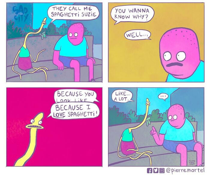 Comic panels from a city imagined showing two quirky characters humorously discussing spaghetti and appearances.