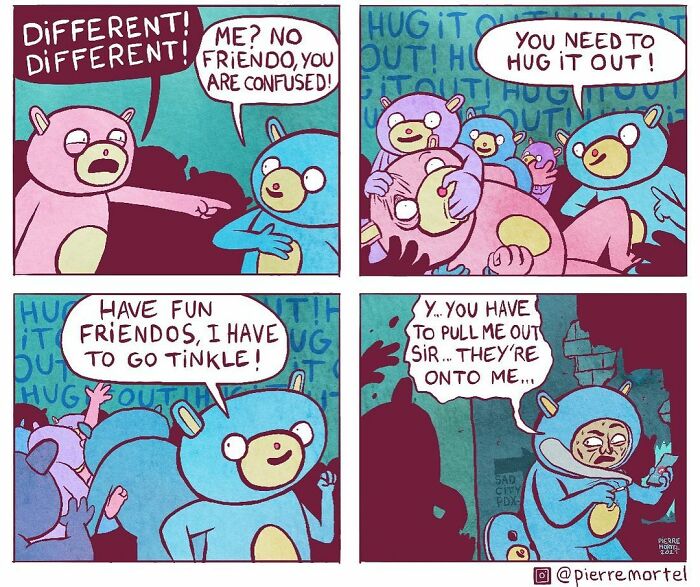 Comic panels featuring bear-like characters in a city, illustrating ridiculous and humorous interactions in an imagined urban setting.